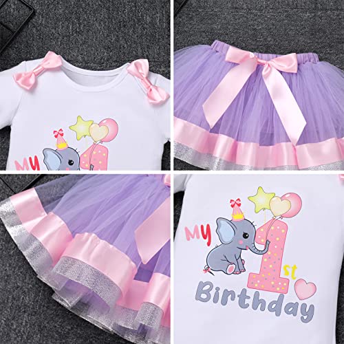 Elephant Theme 1St Birthday Outfit For Baby Girls Elephant Romper Tutu Skirt Bow Headband 3Pcs Clothes Set For Elephant First Birthday Jungle Zoo Theme Party Cake Smash Photo Prop Purple + Pink 1 Year #TOP5