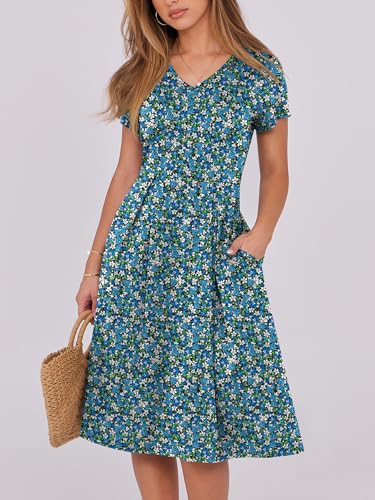 Image of ANRABESS Women Summer Dress Casual Short Sleeve V Neck A-Line Knee Length Pleated Flowy 2026 Fashion Midi Dresses with Pocket