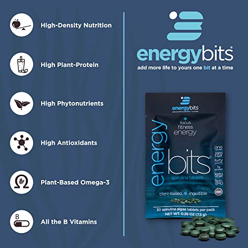 Energybits Pure Spirulina Algae Tablets, Superfood Tablets, Pure Blue Green Algae, High Protein, Chlorophyll Tablets, Non-Irradiated, For Energy Focus And Endurance, Non-Gmo, 60 Tablets #TOP1