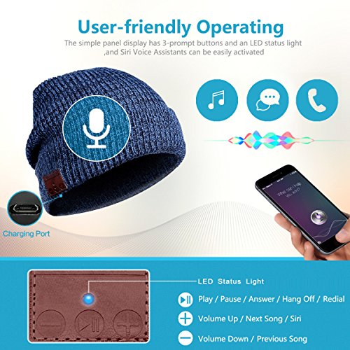 Bluetooth Beanie Hat Headphones Headset, Wireless Connection Siri Voice Control Built-In Hd Stereo Speakers & Microphone, Knit Cap For Running, Outdoor Sports, Women Men (Blue) #TOP5