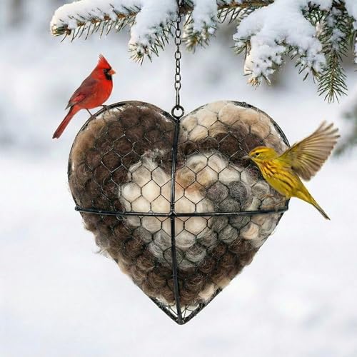 Handmade Alpaca Fiber Bird Nesting Heart - Refillable Bird Nesting Material Holder with Alpaca Wool for Bird Nesting - Outdoor Garden Dispenser & Nesting Material for Wild Birds (1 Set)