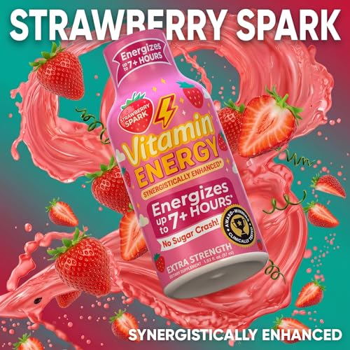 Image of Vitamin Energy Strawberry Spark Extra Strength Energy Shot, 12 Pack - Up to 7 Hrs, 260mg Natural Caffeine, Zero Sugar - Green Tea Extract, Immune Support, B12 B6 Niacin, 1.93 fl oz, Keto Vegan