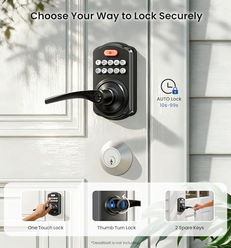 Image of Veise Keypad Door Lock with Handle, Keyless Entry for Front Door & Bedroom, Electronic Lock with Code, Auto-Locking, Easy Installation, Passage Mode, Matte Black