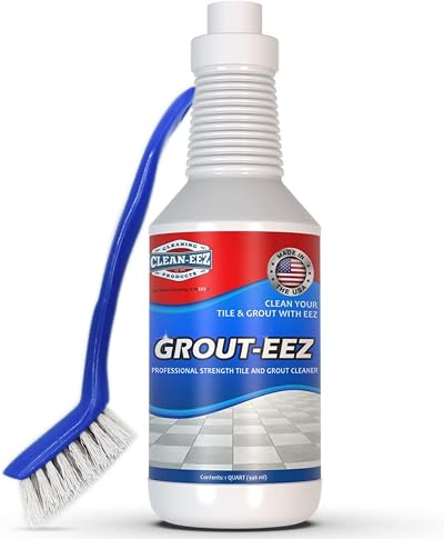 Clean-eez Grout-eez Tile Cleaner with Handheld Brush – 32 oz Heavy-Duty Stain Remover for Ceramic and Porcelain Surfaces – Safe for Colored Grout – Not for Natural Stone – Bathroom & Kitchen Use