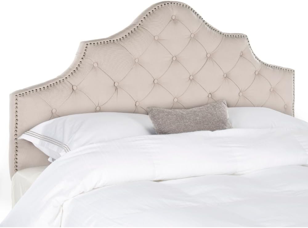 Safavieh Arebelle Taupe Linen Upholstered Tufted Headboard - Silver Nailhead (Queen)
