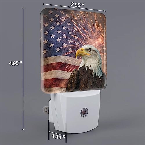 Image of American Flag Night Light Set of 2, Firework Eagle Auto Sensor LED Dusk-to-Dawn Nightlights, Plug-in Sensor Lamp for Bedroom Bathroom Kitchen Hallway Stairs Decorative