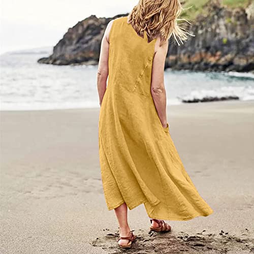 Plus Size Cotton Linen Summer Dresses for Curvy Women 2025 Sleeveless Maxi Vacation Beach Sundresses with Pockets