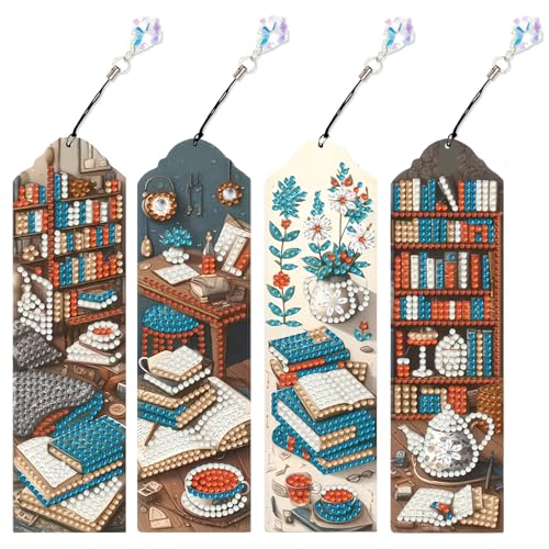 Book Diamond Art Bookmarks for Adults, 4 PCS Book Diamond Painting Bookmarks with Pendant, 5d Gem Art, Acrylic Bookmark Easy DIY Crafts for Books Decor Gift
