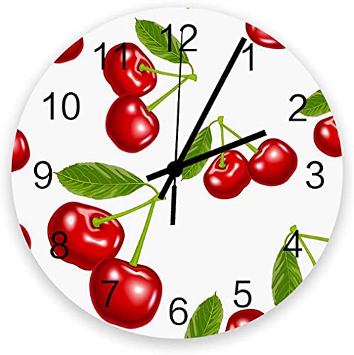 Foduoduo Fashion Wooden Wall Clock Silent Non Ticking Fresh Red Cherry Fruit Round Wall Clock For Living Room Kitchen Home Bedroom Decoration 10 Inches #TOP4