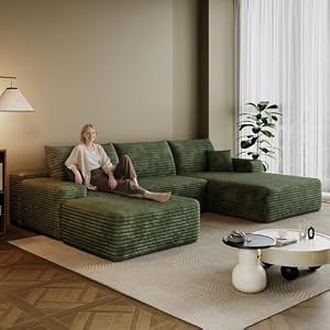 107.7″ Boneless Sectional Couch Modern Modular U – Shape Corduroy Upholstered Sofa for Living Room – Deep Seat with Chaise and Ottoman(Green, 2 Seater+Right Facing Chaise+Ottoman)