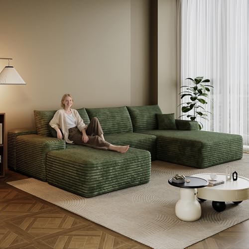 inoevl 107.7 Boneless Sectional Couch Modern Modular U - Shape Corduroy Upholstered Sofa for Living Room - Deep Seat with Chaise and Ottoman(Green 2 Seater+Right Facing Chaise+Ottoman)