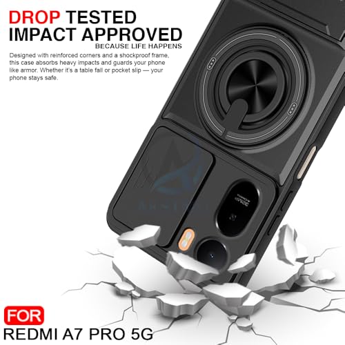 Image of AESTMO Redmi A7 Pro 5G Back Cover | Armor Camera Slider 360 Degree Rotating Finger Ring Holder Case with Bracket Stand Back Case Cover (Compatible with MagSafe Accessories) (Black)