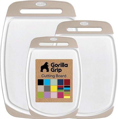 GORILLA GRIP Juego de 3 tablas de cortar de cocina reversibles sin BPA, diseñadas en Estados Unidos, no porosas, ranuras para jugos, borde