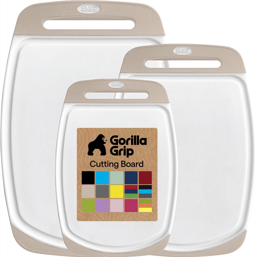 GORILLA GRIP BPA-Free Reversible Kitchen Cutting Board, Set of 3, Almond