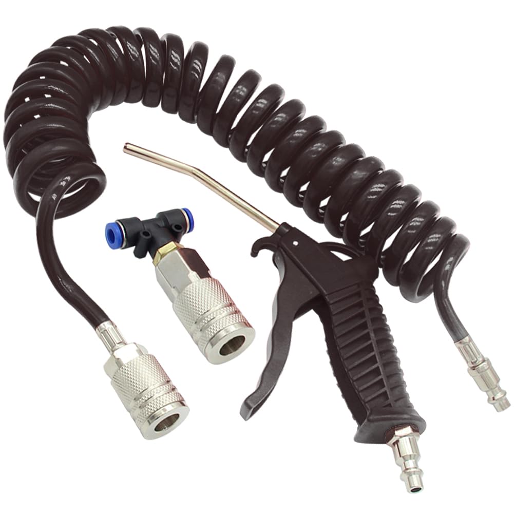 Qolekog Air Blow Gun kit with 8mm OD 16ft Long PU Coil Air Hose Air Duster Blow Gun Kit (Black)