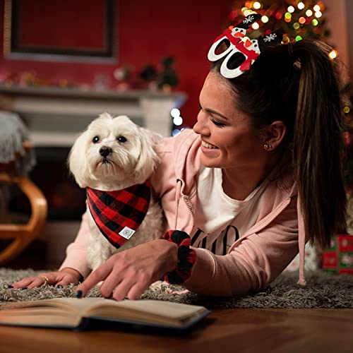 E-Clover Dog Collar Bandana & Matching Scrunchie Set Adjustable Buffalo Plaid Dog Bandanas Collars Pet Accessories For Small Medium Dogs Cats Owner Costumes #TOP1