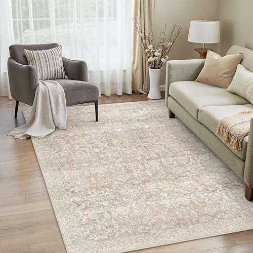 PureCozy Vintage Beige Rugs Living Room Area Rug 120x170cm Bedroom Large Washable Non Slip Soft Carpet Bedroom Dining Room Office Kitchen Indoor Low Pile Carpets