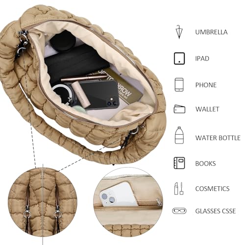 Image of Puffer Tote Bag for Women Quilted Puffer Tote Bag Quilted Crossbody Bag Soft Pufferr Shoulder Bag Quilted Padding Hobo Bag, Khaki-a