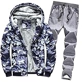 Celucke Trainingsanzug Herren Winter Warm Jogginganzug Camouflage Sportanzug mit Gefütterte, Männer Casual Kapuzenjacke Jogginghose Kombiteil Sweatjacke Traininghose Set (Blau, M)