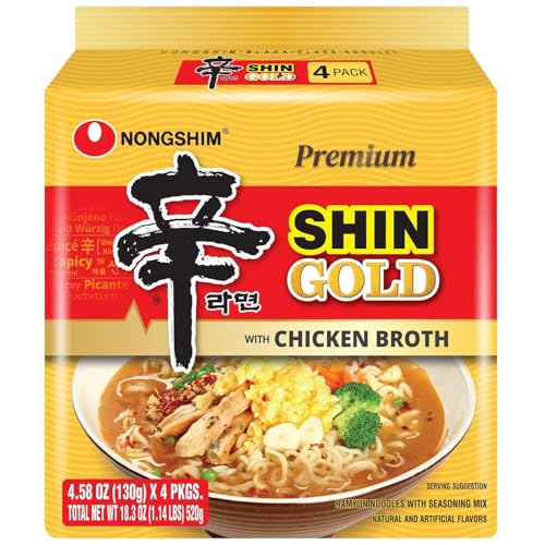 Image of Nongshim Ramen Noodles, Gourmet Instant Ramen, Premium Microwavable Noodle Soup, Shin Gold, 4.58 Ounce (Pack of 4)