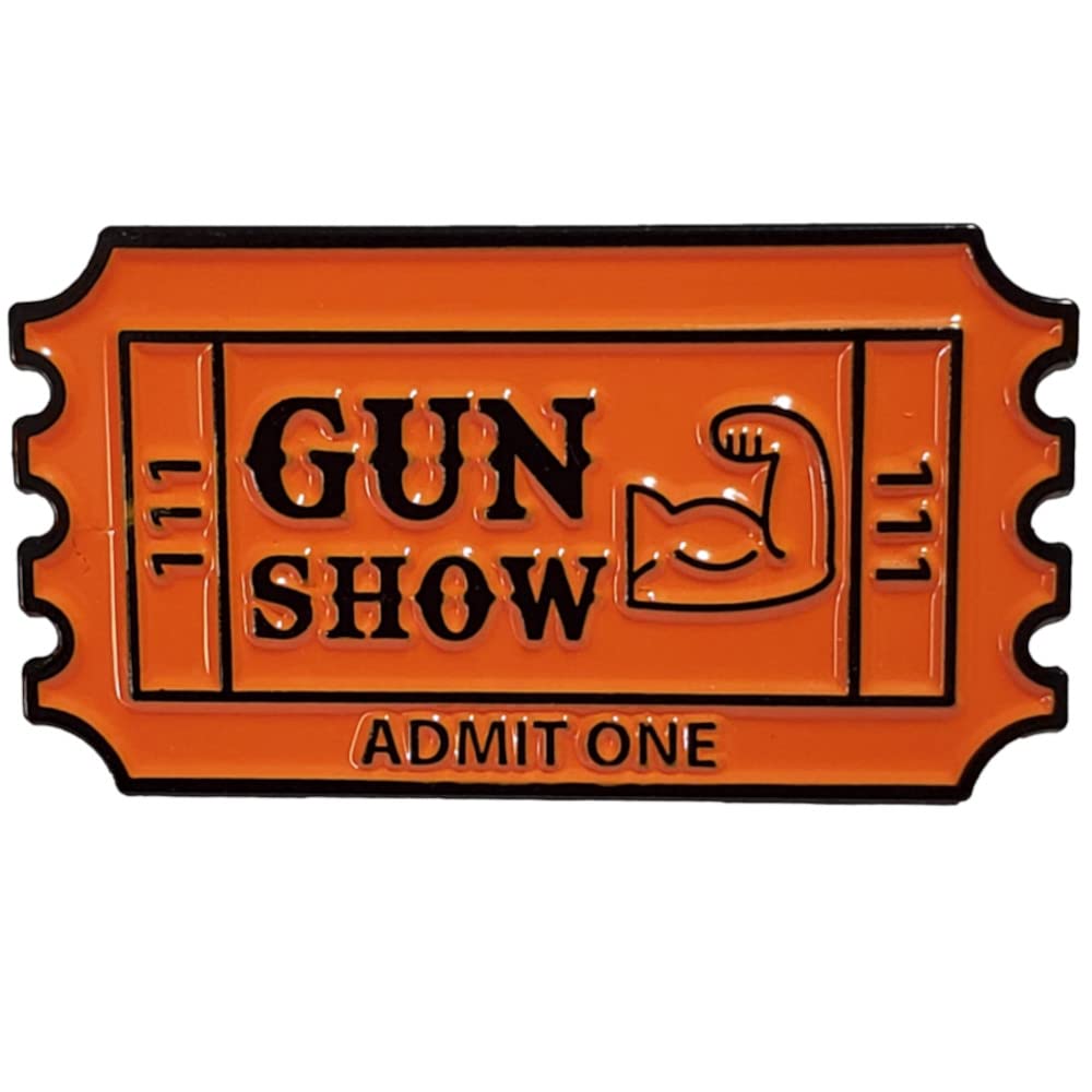 Stickeroonie Funny Ticket to the Gun Show Enamel Lapel Pin - Hilarious Bicep Fitness Bodybuilding Muscle Emoji Accessory- 1.25 Inch