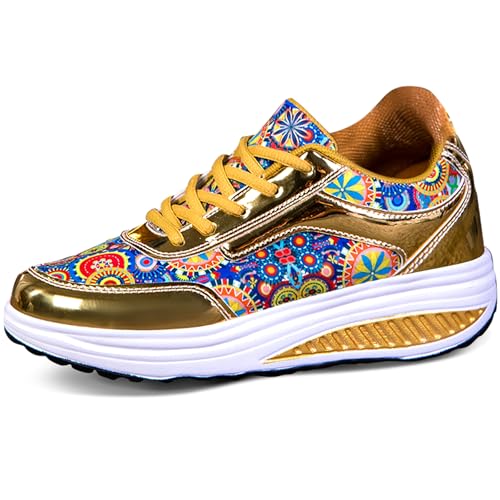 QZBAOSHU Damen abnehmen Walkingschuhe Turnschuhe Fitness Keile Plattform Schuhe Sneakers B Gold 39 EU