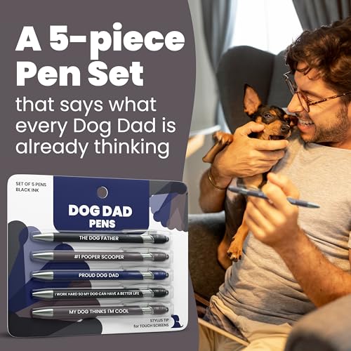 Image of rubyloo Funny Dog Dad Gift Pen Set - 5 Black Ink Ballpoint Pens with Stylus Tip & Quality Metal Barrel with Doggy-Themed Quotes - Cool Dog Dad Gift for Men for Birthday, Father's Day, Vet Tech
