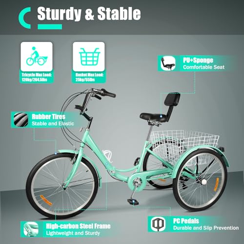 Tonfeion Triciclo Pieghevole Da 24 Pollici, Per Adulti, 3 Ruote, 7 Marce, Per Adulti, Colore Turchese, Per Anziani - 2