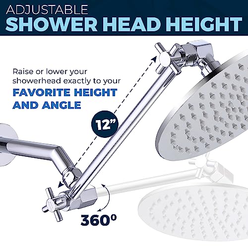 Hammerhead Showers 12 Inch Long Adjustable Shower Arm — Feat. Shark Teeth, The Strongest Locking Joints Of Any Shower Head Extension Arm — Metal Extender Raises Showerhead Height — Chrome #TOP2