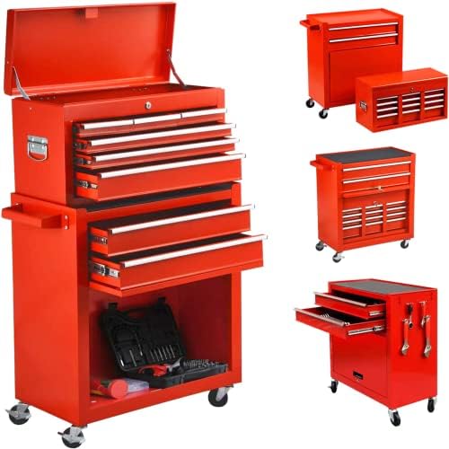 8-Drawer Rolling Tool Chest & Removable Tool Box with Locking System, Tool Box Organizer with 4 Wheels&Hooks, Large Capacity Garage Storage Cabinet for Warehouse and Repair Shop(Red)