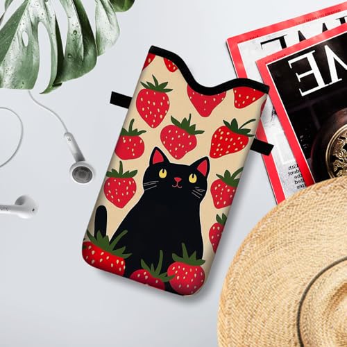 Image of Neoprene Cell Phone Sleeve Pouch Case Bag with Crossbody Strap Neck Lanyard for Women 7.1 X 3.9 in Strawberry Cat