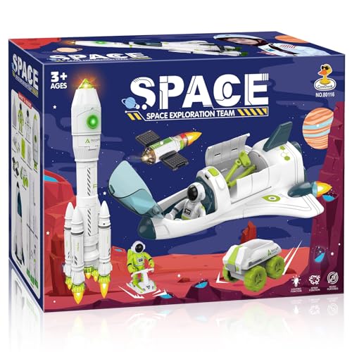 COOLDUCK Space Rocket Shuttle Toy Set, Spacecraft Airplane Toys for Kids with Lights & Sound & Astronaut Figures,Spaceship Toys Gift for Boys 3-5-8