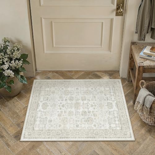 PureCozy 2x3 Entryway Area Rug Beige Cream Washable Vintage Doormat