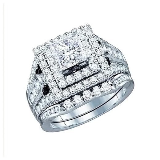 Dazzlingrock Collection 2.42 Carat (Cttw) Princess & Round White Diamond Engagement Ring Set for Women in 14K White Gold