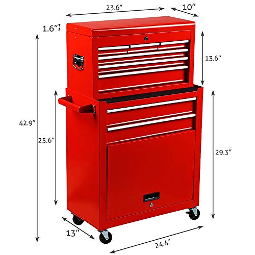 8-Drawer Rolling Tool Box, Rolling Tool Chest with Drawers and Wheels, Tool Storage Cabinet with 4 Swivel Wheels (2Pcs with Brake), Keyed Locking System Tool Organizer (Red)