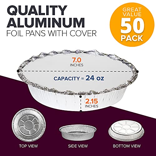 Fit Meal Prep [50 Pack] Round 7 Inch 24 Oz, 1.5 Lb, 0.75 Quart Disposable Aluminum Foil Pan Take Out Food Containers With Flat Board Lids, Steam Table Hot Cold Freezer Roasting Baking Oven Safe #TOP1