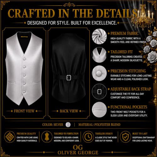 Image of Oliver George 4pc Men's Solid Formal Suit Waistcoat Tuxedo Dress Vest Necktie Bowtie Handkerchief Set for Suit or Tuxedo