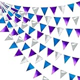 PinkBlume 冬の紫銀青三角旗 布ガーランドバナーパーティー 飾り滑らかな明るい色パープルブルーシルバーウィンターワンダーランド アナと雪の女王 クリスマス 誕生日 結婚式 新年の飾り付けピクニックアウトドア旗 屋内および屋外の店舗の庭の休日の装飾品