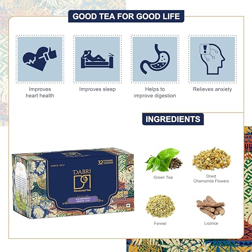 Image of Dabri Chamomile Green Tea 32 Pyramid Dip Tea Bags | Natural Whole Leaf & Chamomile Flowers | Relieves Menstrual Cramps & Stress | Aids Sleep & Digestion | Supports Glowing Skin & Strong Hair