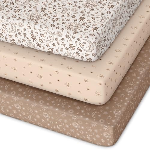 Image of Unnivoll Pack and Play Sheets Fitted 3 Pack, Mini Crib Sheets for Pack N Play Mattress Stretchy Portable Playard Sheets, Soft Breathable White Brown Sun God
