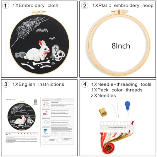 Image of Halloween Embroidery Kits for Beginners Adults, Gothic Rabbit Embroidery DIY Kit, Halloween Cross Stitch Kits Needlepoint Kits for Beginners Adults Woman Gifts, Embroidery Hoop, Thread, Video Tutorial