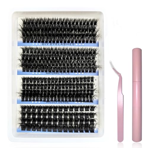 VEGCOO Pestañas Postizas Cluster Lashes Kit 296 Uds 80+100+120+150D D Curl Pestañas Pelo a Pelo Extensiones de Pestañas Individuales Tipo Racimo Ruso con Accesorios(10-18mm)
