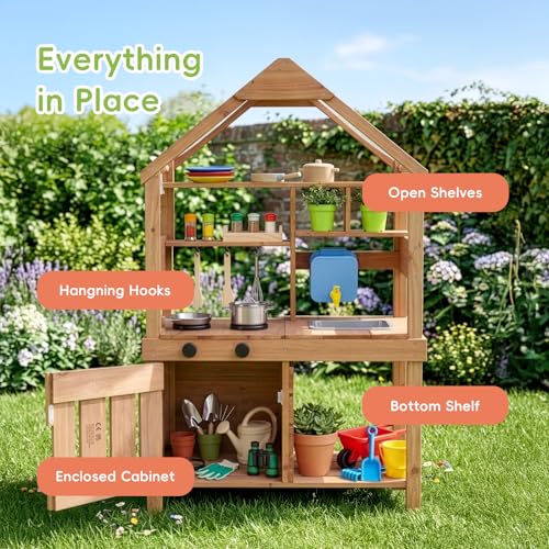 Image of OOOK Kids Mud Kitchen, Fir Wood Outdoor Play Kitchen with Water Sink | Toddler Outdoor Playset for Ages 3+, Canopy, Gardening Tools, Chalkboard, Flower Pot, Cookingware