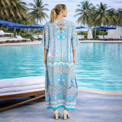 Image of Miss Lavish London Teal Ethnic Print Kaftan Dresses for Women V Neck Batwing Sleeve Beach Vacation Bikini Swimsuit Cover Ups, Plus Size African&Dubai Caftan Maxi Beach Dress with Side Slits-Teal-3XL