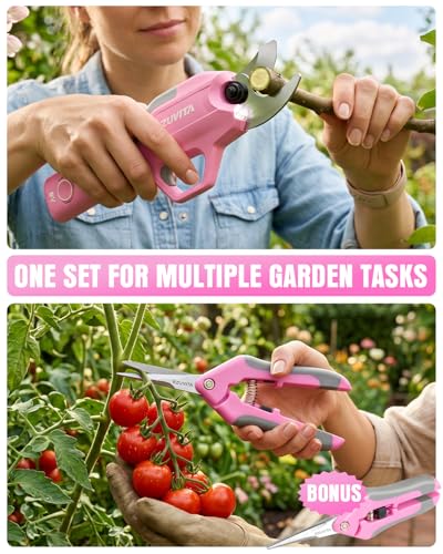 Image of Cordless Electric Pruning Shears, SK5 Blade & 2000mAh Removable Battery Powered Pruning Shears with Hand Pruners for Gardening, Tree Branch & Orchard Trimming Pink