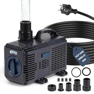 CPROSP 6500 l/u vijverpomp, 6,2 m opvoerhoogte, 50 W ultra-zuinige onderwaterpomp met 5 m kabel, regelbare stroom, stil en duurzaam met keramische as, voor tuin, vijverfilter, beekloop, waterval