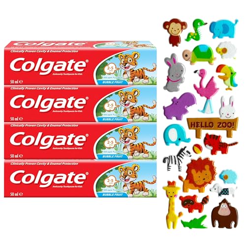 Colgate Kids Bubble Fruit Toothpast, 4 unidades de 50 ml, para edades de 2 a 5 años. Un paquete Hadco con nuestra hoja de calcomanías hinchada de cortesía (diseño de calcomanías elegido al azar)
