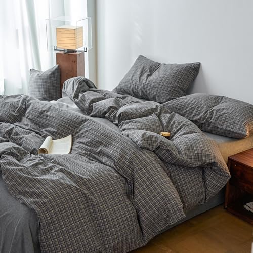 Image of EAVD Vintage Style Grey Plaid Gingham Duvet Cover Twin 100% Washed Cotton Like Linen Feel Soft Grid Plaid Bedding Set with 2 Pillowcases Farmhouse Grid Geometric Pattern Duvet Cover with Zipper