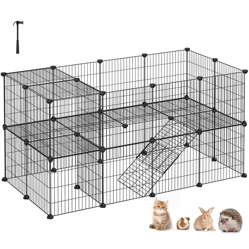 SONGMICS Clôture pour Animaux Domestiques, 2 Niveaux, Enclos Modulable, pour Petits Animaux, Hamsters, Lapins, Cochon d’Inde, Panneaux Grillagés, Usage...