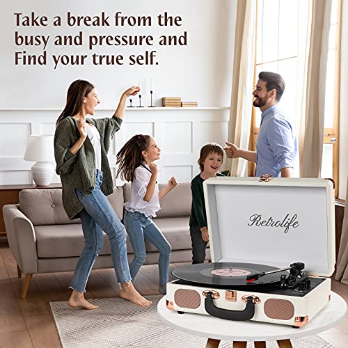 Image of Turntable Vinyl Record Player 3-Speed Suitcase Portable Belt-Driven Record Player with Built-in Speakers RCA Line Out AUX in Headphone Jack Vintage White